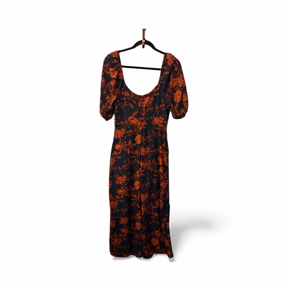 LUSH Puff Sleeve Floral Midi Dress | Black & Rust Print | Size M